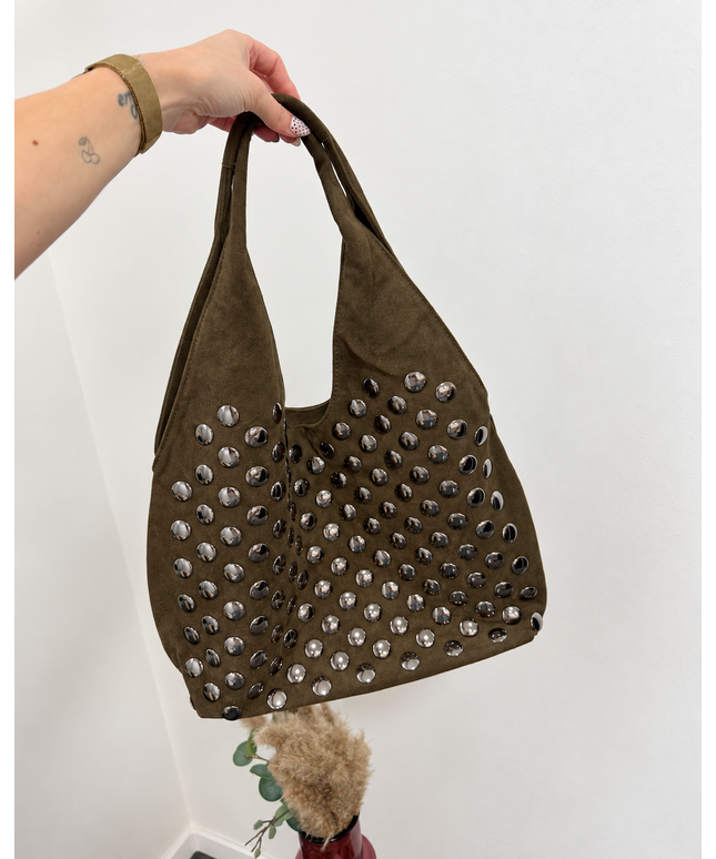 Kelly Shopper Tasche Hobo Bag in Wildleder-Optik mit Nieten | Khaki