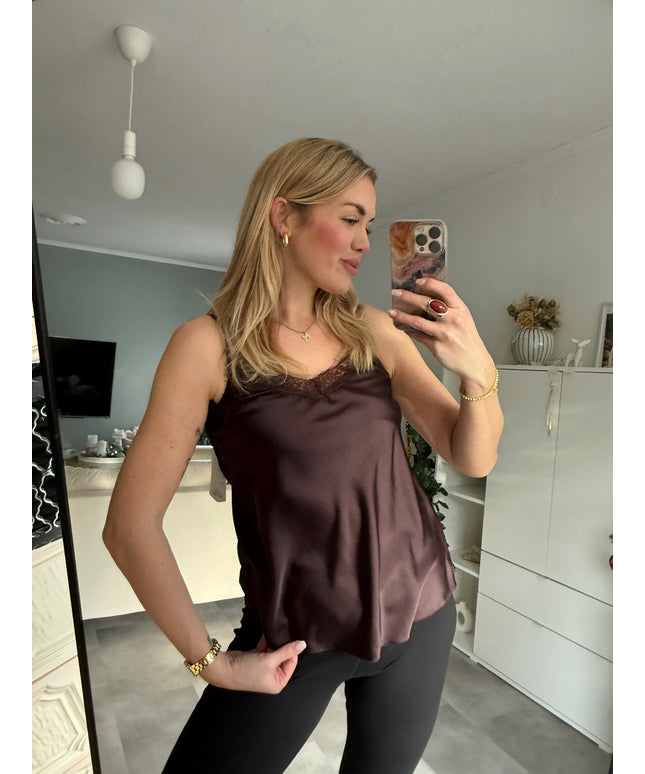 SATIN TOP MIT SPITZE | braun