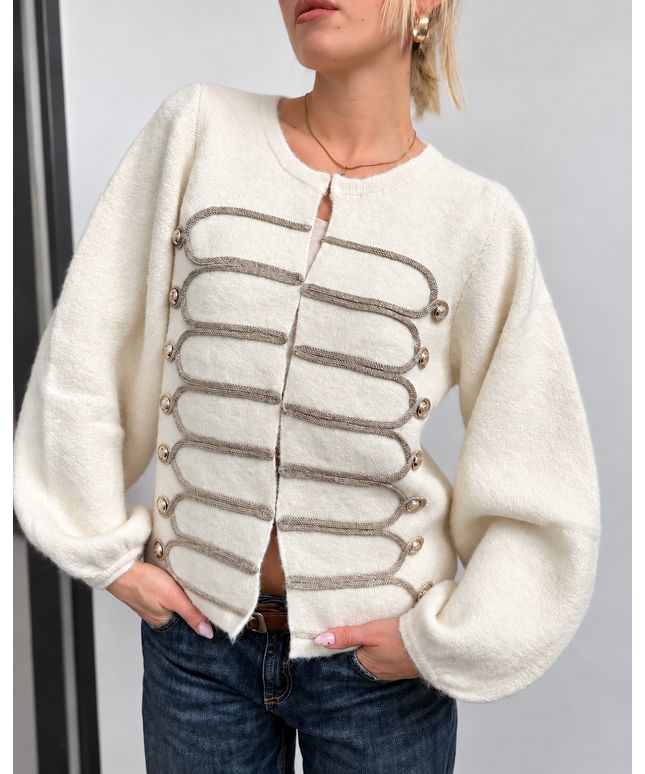 Military Cardigan mit Statement-Borten | Creme