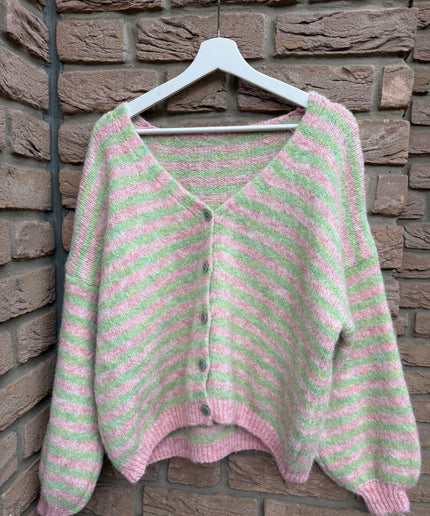 Gestreifte Strickjacke | grün rosa