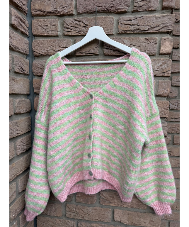 Gestreifte Strickjacke | grün rosa
