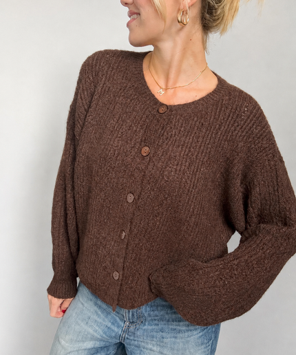 Oversize-Strickjacke mit Lochstrickmuster und Knöpfen | Schokobraun