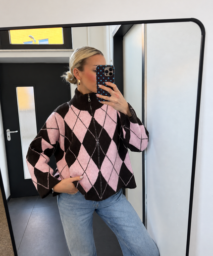 Zip Argyle-Strickjacke | Rosa/Braun