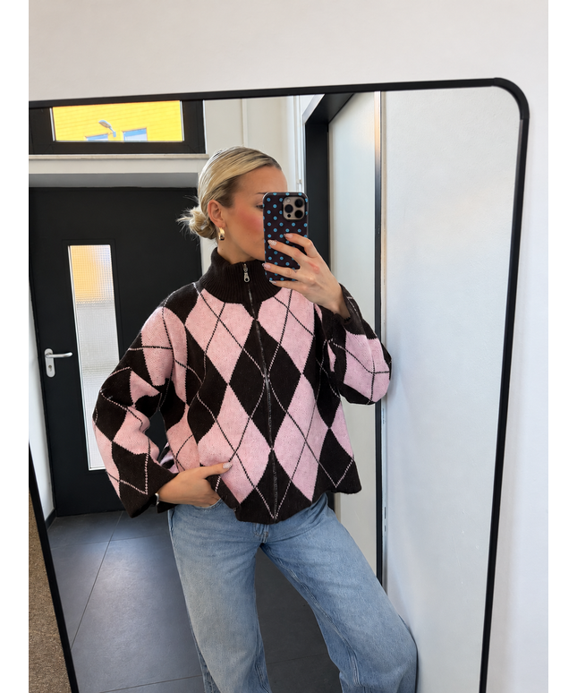Zip Argyle-Strickjacke | Rosa/Braun
