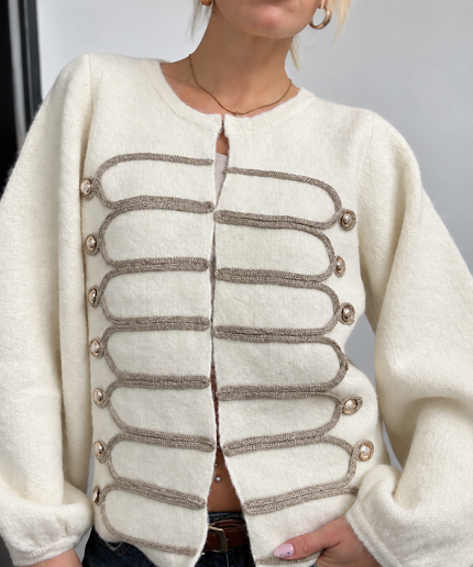 Military Cardigan mit Statement-Borten | Creme