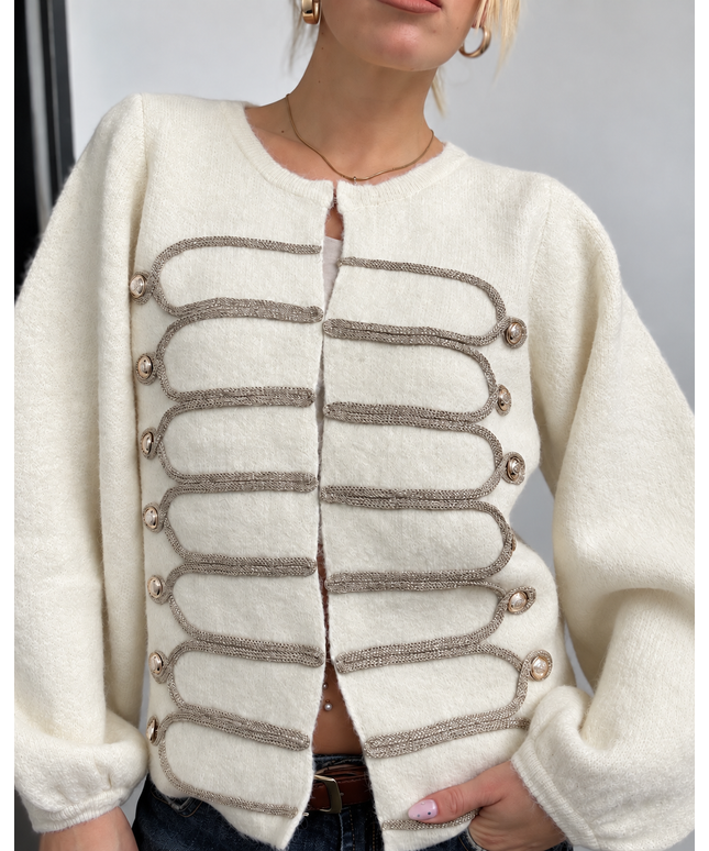 Military Cardigan mit Statement-Borten | Creme