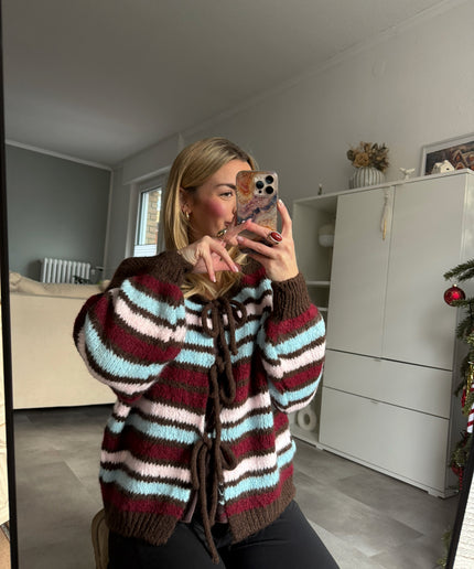 Strickjacke mit Schleifen | Gestreift | blau bordeaux rot