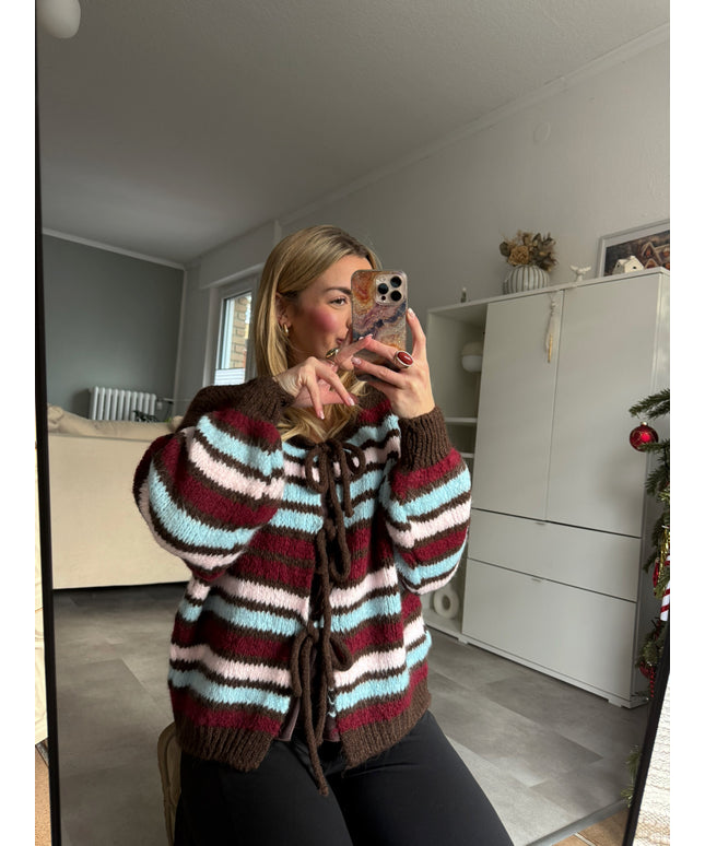 Strickjacke mit Schleifen | Gestreift | blau bordeaux rot
