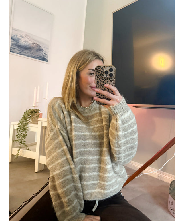 Kurzer Strickpullover mit Streifen | beige