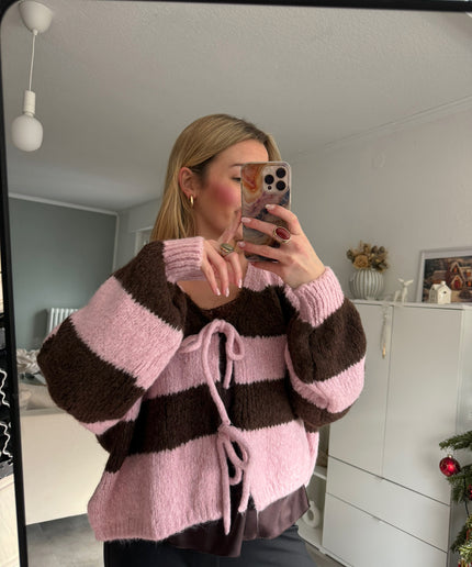 Strickjacke mit Schleifen und Streifen | KALI | rosa braun