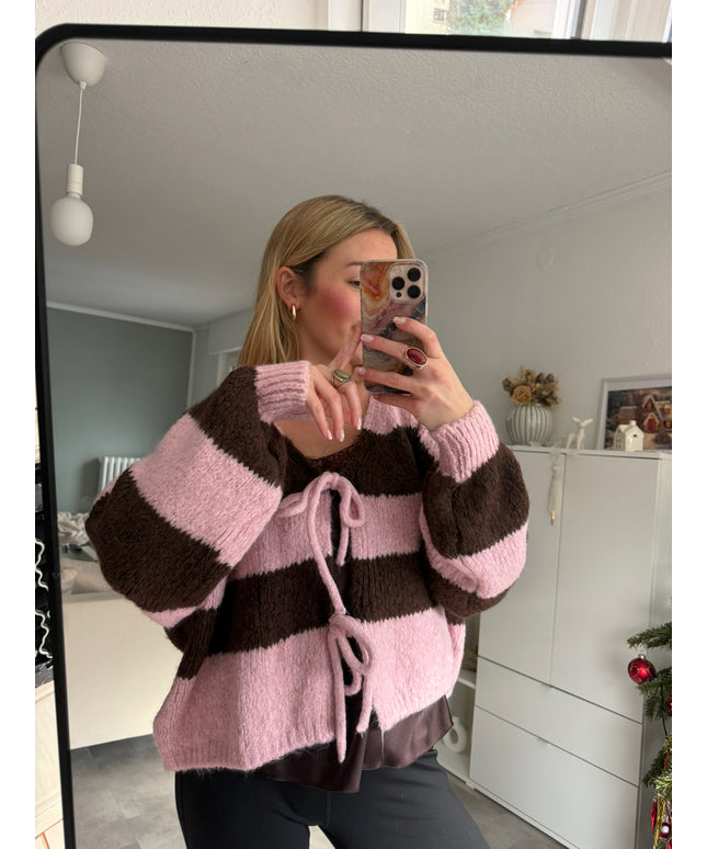 Strickjacke mit Schleifen und Streifen | KALI | rosa braun