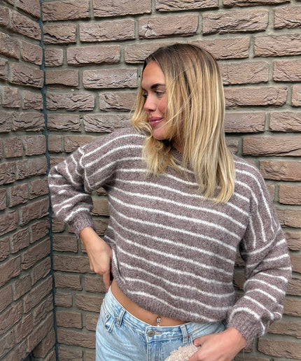 Kurzer Strickpullover mit Streifen | braun