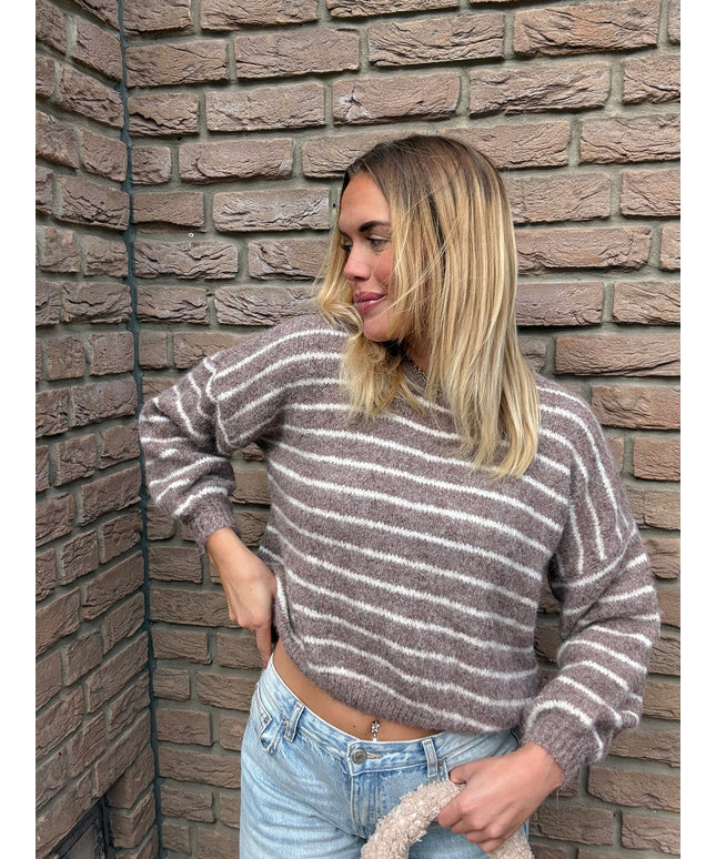 Kurzer Strickpullover mit Streifen | braun