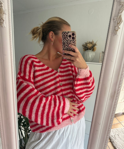 Gestreifte Strickjacke | rot rosa