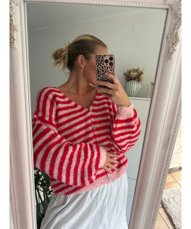 Gestreifte Strickjacke | rot rosa