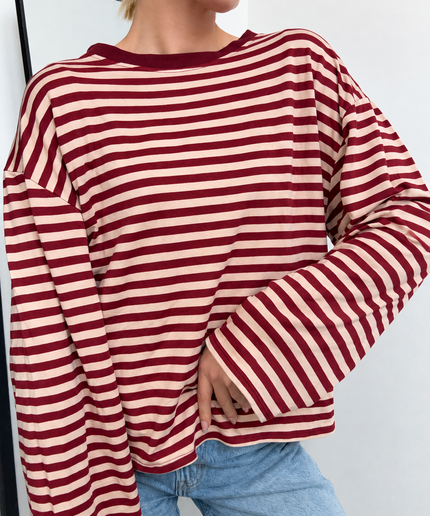 Gestreiftes Langarmshirt mit Patch | Striped Long Sleeve | Bordeaux/Beige