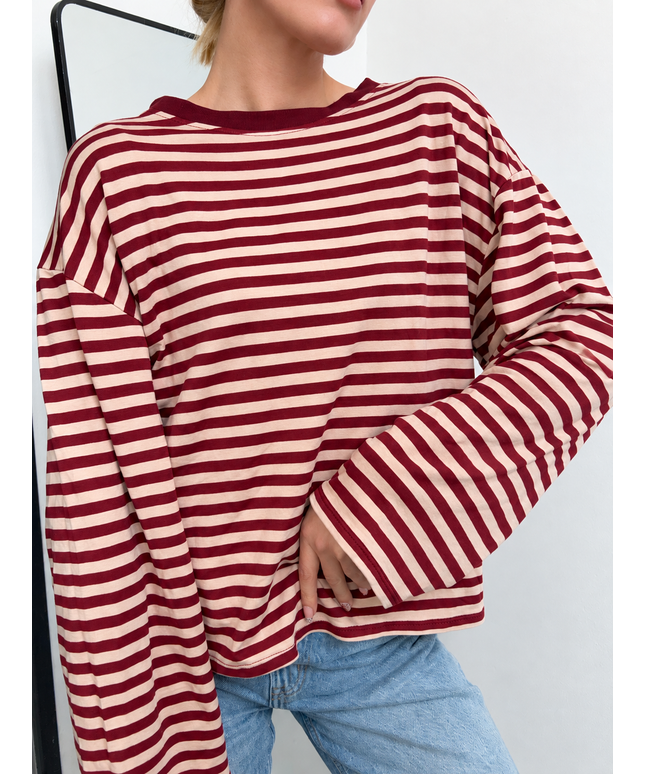 Gestreiftes Langarmshirt mit Patch | Striped Long Sleeve | Bordeaux/Beige