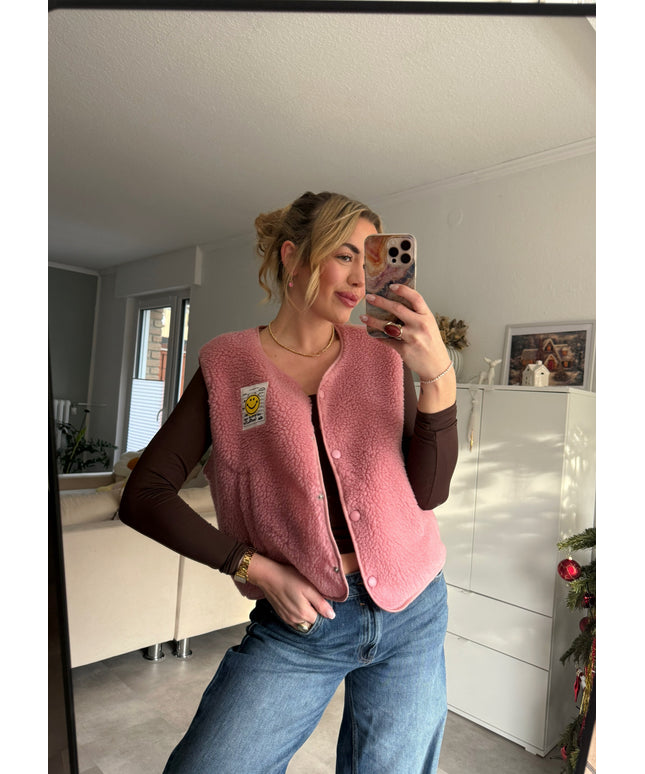 Teddy Weste mit Smiley Aufdruck | rosa