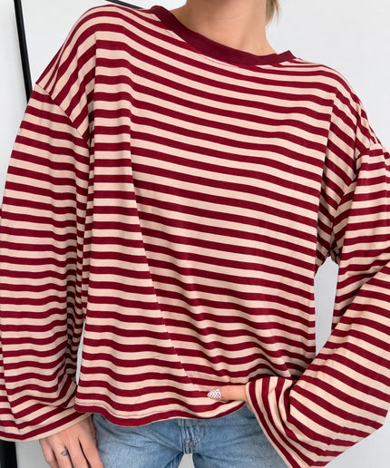 Gestreiftes Langarmshirt mit Patch | Striped Long Sleeve | Bordeaux/Beige