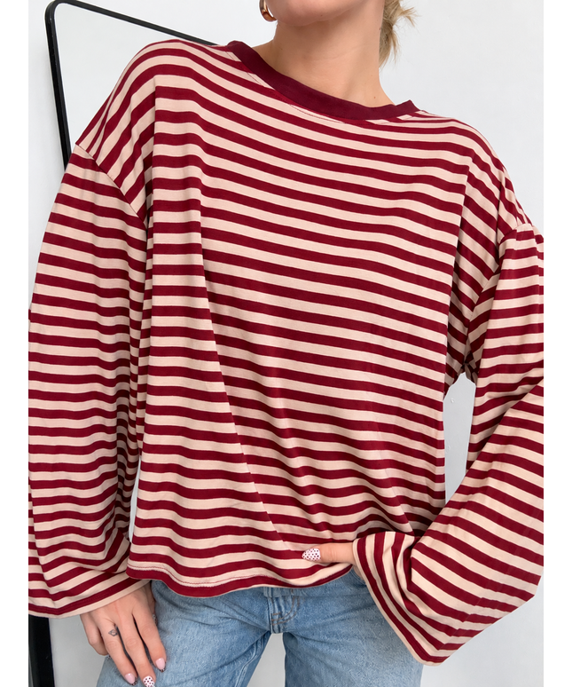 Gestreiftes Langarmshirt mit Patch | Striped Long Sleeve | Bordeaux/Beige