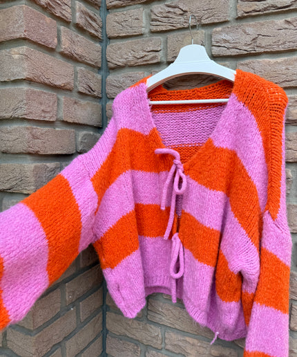 Strickjacke mit Schleifen und Streifen | KALI | rosa orange
