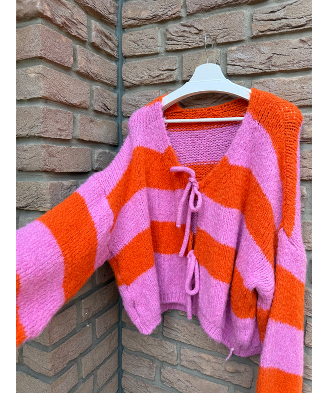 Strickjacke mit Schleifen und Streifen | KALI | rosa orange