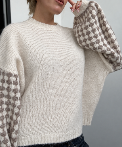 Strickpullover Elina mit Musterärmeln | Creme/Taupe