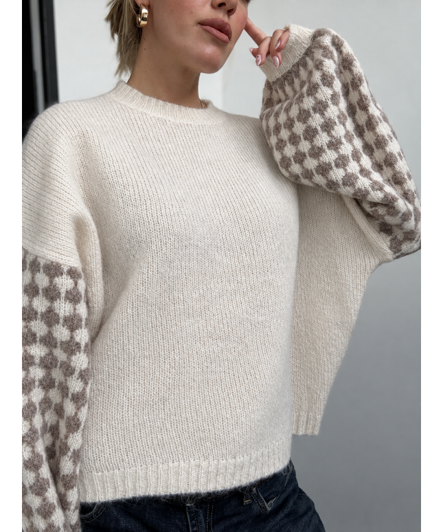 Strickpullover Elina mit Musterärmeln | Creme/Taupe