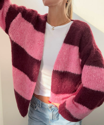 Kuschelige offene Strickjacke mit Streifen | Bordeaux rosa