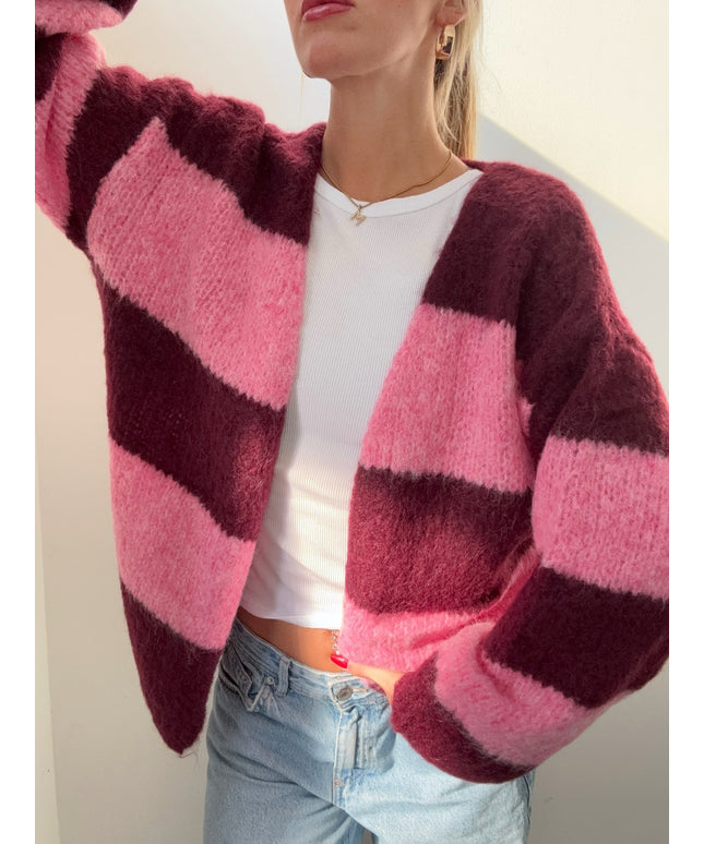 Kuschelige offene Strickjacke mit Streifen | Bordeaux rosa