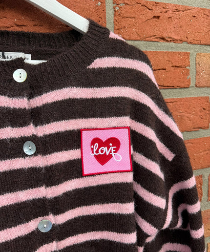Gestreifte Strickjacke mit offenem Rücken und Love Patch