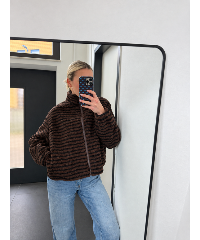 Gestreifte Teddyjacke mit Reißverschluss | Dunkelbraun/Schwarz