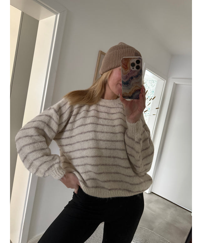 Kurzer Strickpullover mit Streifen | creme