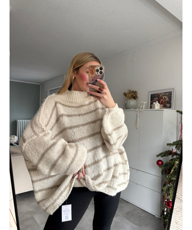 Oversize Strickpullover | gestreift | beige