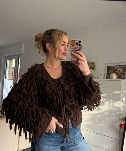 Strickjacke mit Fransen & Schleifen | schokobraun