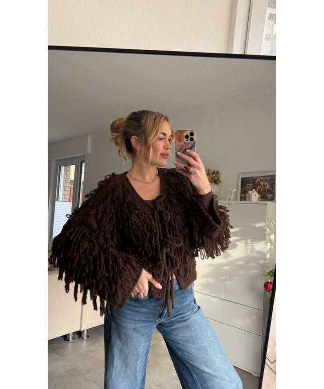 Strickjacke mit Fransen & Schleifen | schokobraun