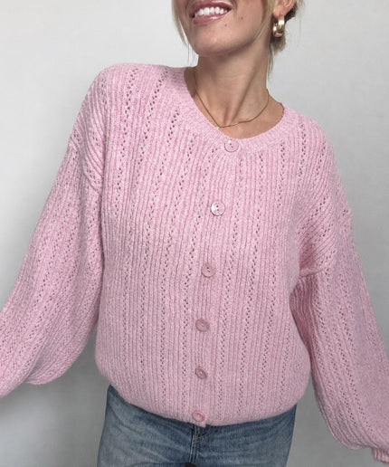 Oversize-Strickjacke mit Lochstrickmuster und Knöpfen | Rosa