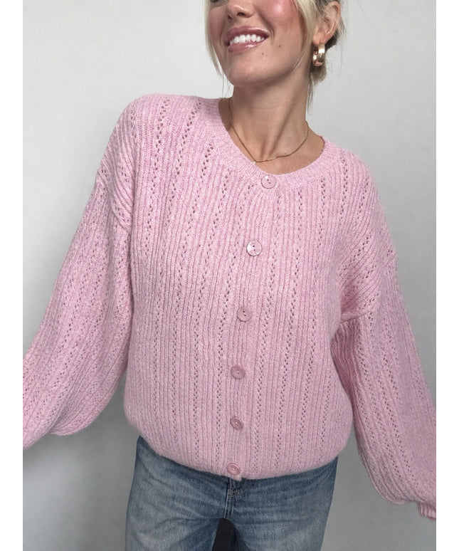 Oversize-Strickjacke mit Lochstrickmuster und Knöpfen | Rosa