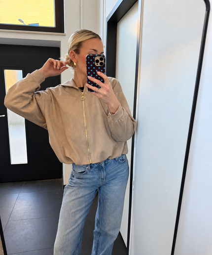 Kapuzenjacke in Veloursoptik mit goldenem Reißverschluss | Taupe