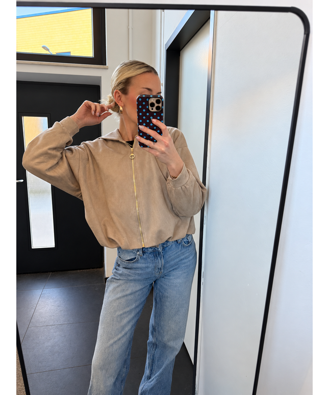 Kapuzenjacke in Veloursoptik mit goldenem Reißverschluss | Taupe