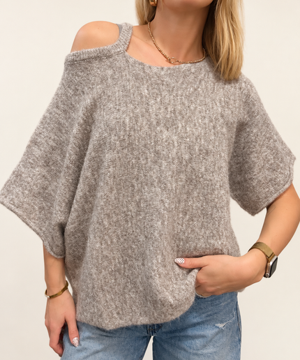 Kurzärmeliger Pullover mit schulterfreiem Schnitt | Taupe