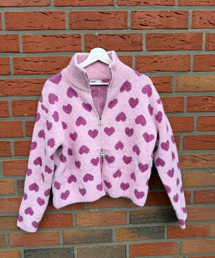 Strickjacke mit Zipper und Herzen | rosa pink