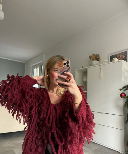 Strickjacke mit Fransen & Schleifen | bordeaux