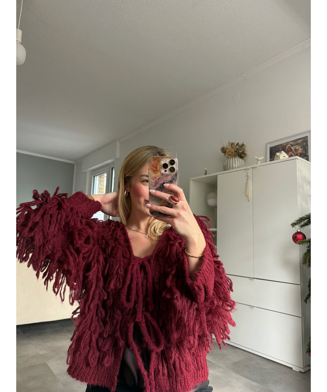 Strickjacke mit Fransen & Schleifen | bordeaux