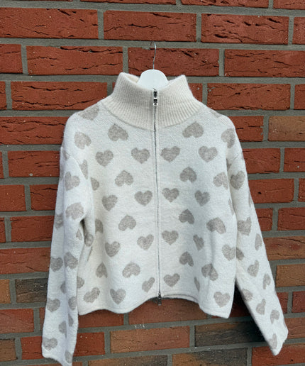 Strickjacke mit Zipper und Herzen | taupe weiß
