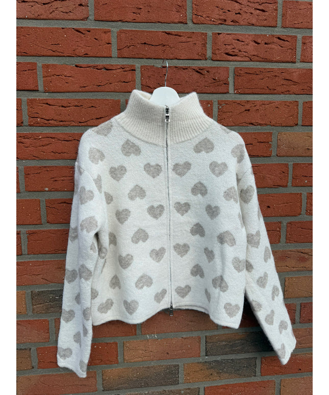 Strickjacke mit Zipper und Herzen | taupe weiß