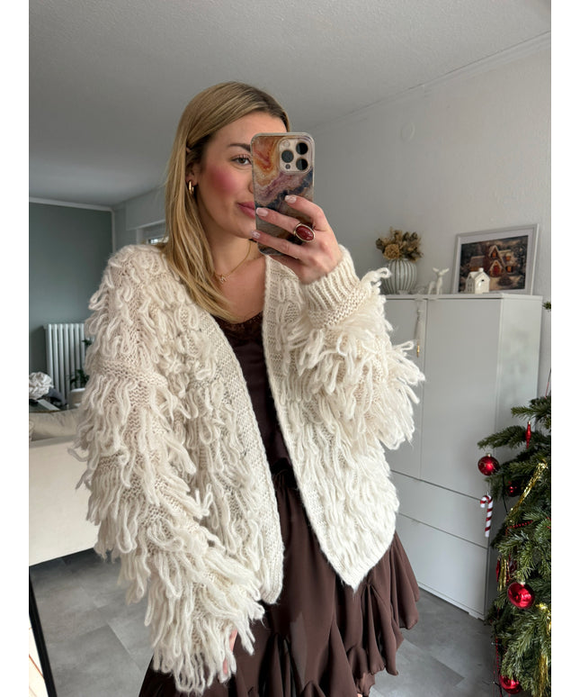 Strickjacke mit Fransen | creme