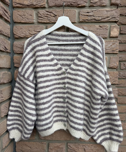 Gestreifte Strickjacke | taupe weiß