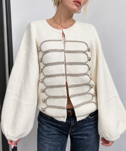 Military Cardigan mit Statement-Borten | Creme