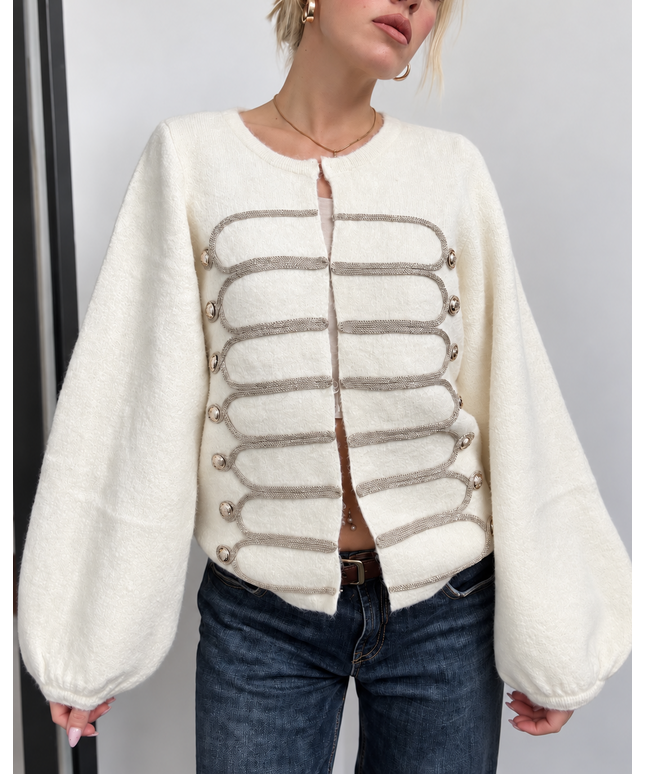 Military Cardigan mit Statement-Borten | Creme